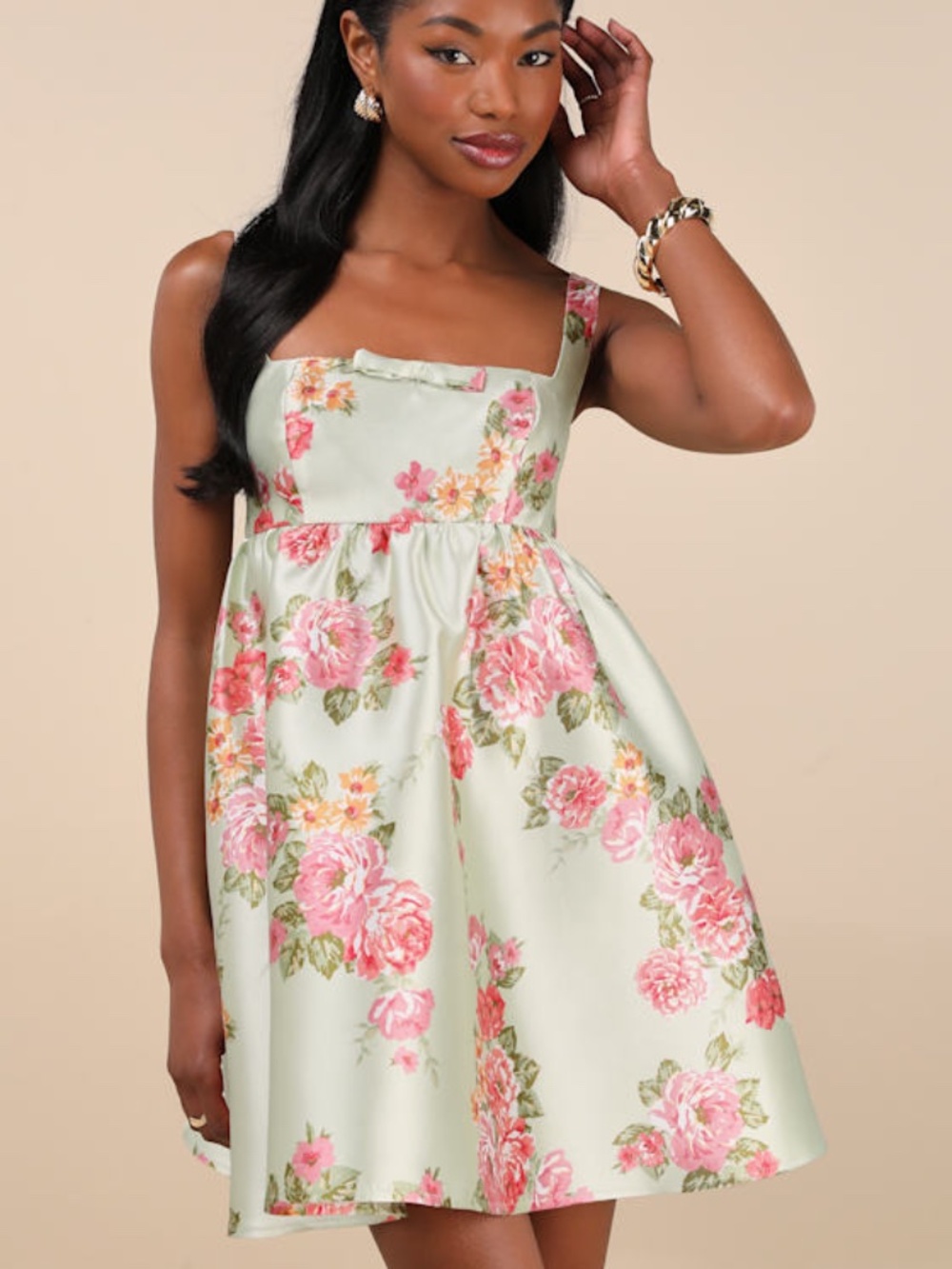 Lulus Unbelievably Lovely Sage Floral Babydoll Empire Waist Mini Dress Green